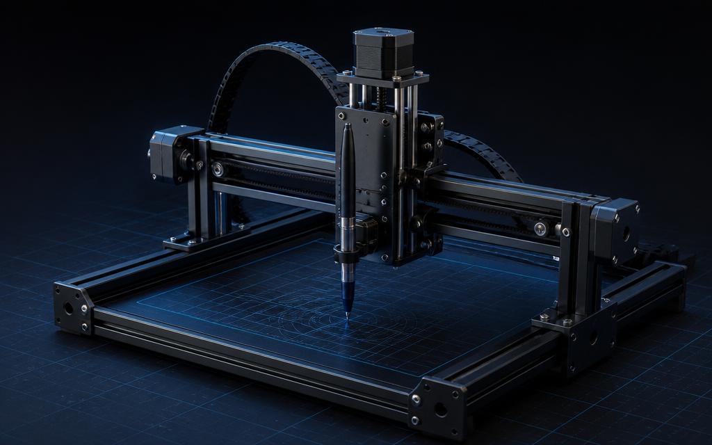 CNC pen plotter machine with aluminium gantry, stepper motors and a servo-mounted pen