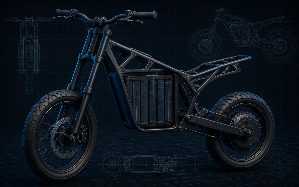 Electric motorbike prototype with battery pack and hub motor rendered over technical drawings